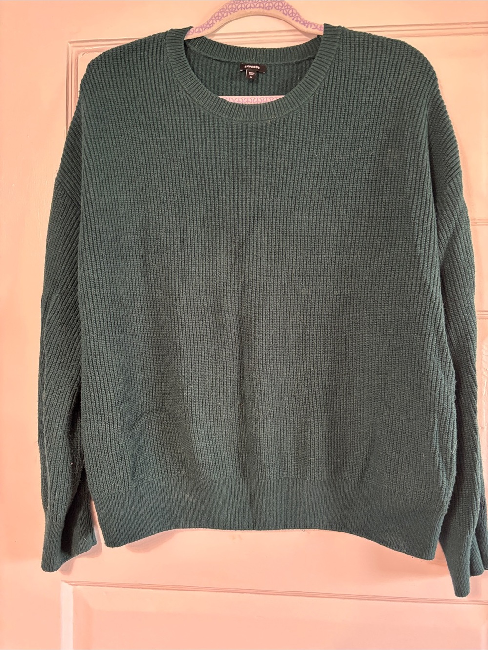 Express Women's Dark Teal Ribbed Crewneck Sweater